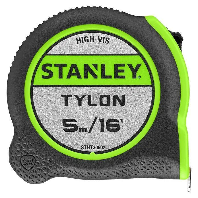 Stanley Cinta métrica extensible Hi-Vis - Largo: 5 m - Primer plano de un flexómetro Stanley High-Vis Tylon, 5m/16ft, perfecto para alta visibilidad y medidas precisas.