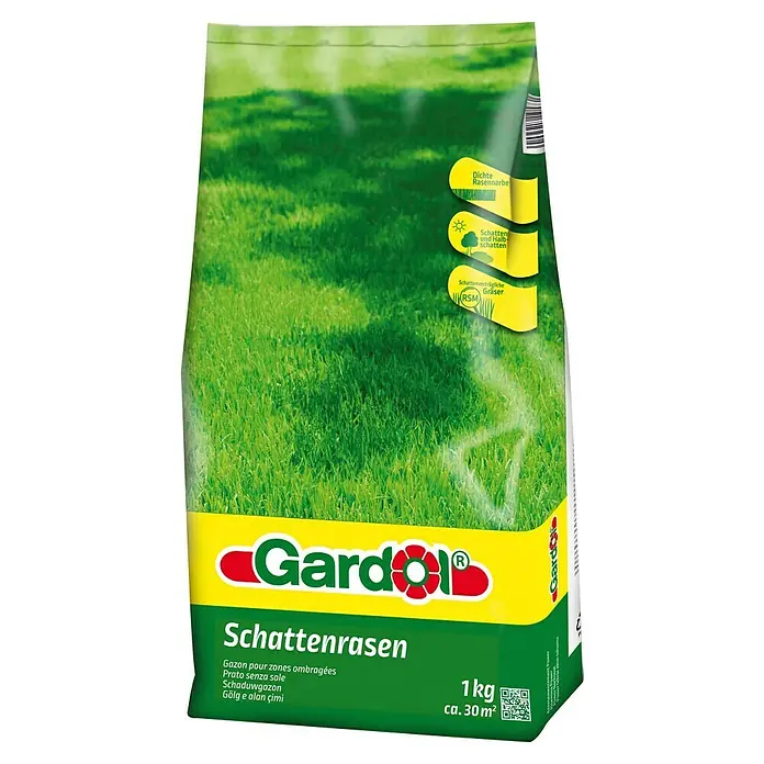 Gardol Rasensamen Schattenrasen - 1 kg, 30 m² - Packung Gardol Schattenrasen, 1 kg für ca. 30 m², ideal für schattige Bereiche mit dichter Rasennarbe und schattenverträglichen Gräsern.