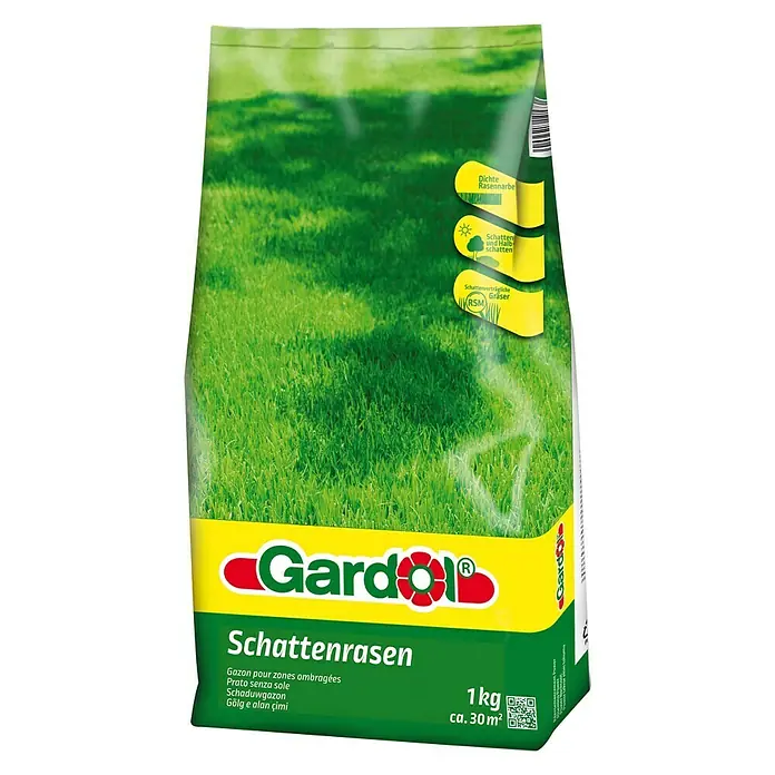 Gardol Rasensamen Schattenrasen1 kg, 30 m² - Packung Gardol Schattenrasen, 1 kg für ca. 30 m², ideal für schattige Bereiche mit dichter Rasennarbe und schattenverträglichen Gräsern.
