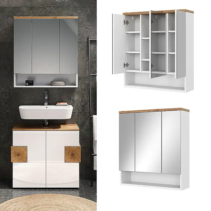 Vicco Spiegelschrank Eden Weiß mit 3 Türen - B x H: 70 x 77,5 cm, Sonstiges, Weiß