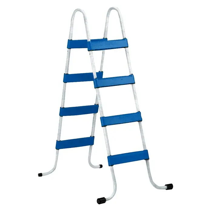 myPool Feeling Stahlwand-PoolL x B x H: 730 x 375 x 120 cm, 27.000 l, Grau - Eine Schwimmbadleiter mit blauem Handlauf und weißem Rahmen für einfachen Zugang zum Pool.