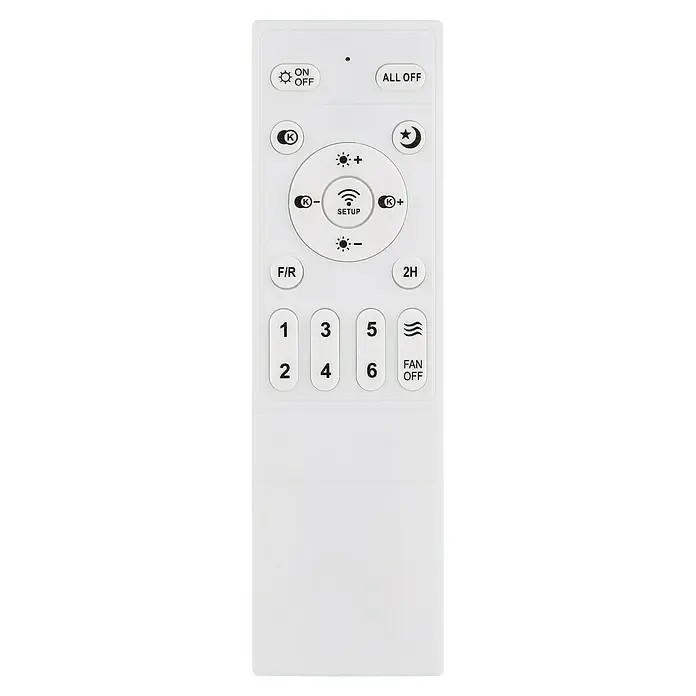 Globo Deckenventilator Modesto - 132 cm, 20 W - Nahaufnahme einer weißen Fernbedienung für Deckenventilatoren mit verschiedenen Tasten zur Steuerung von Licht und Lüfter.