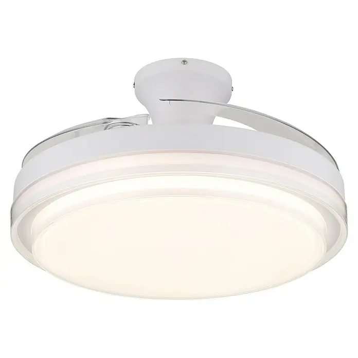 Globo Deckenventilator Beliz - 40 W, Durchmesser: 1.060 mm - Nahaufnahme einer modernen, runden Deckenleuchte mit integriertem LED-Licht. Sie ist in Weiß gehalten und hat ein helles, gleichmäßiges Licht.