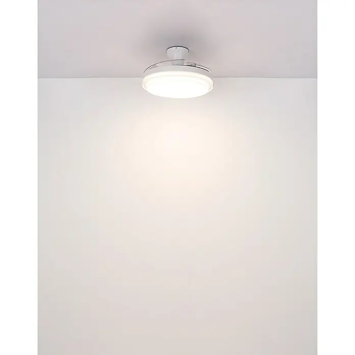 Globo Deckenventilator Beliz - 40 W, Durchmesser: 1.060 mm - Nahaufnahme einer modernen, runden LED-Deckenleuchte mit weißem Rahmen, die helles, warmes Licht in einem minimalistischen Raum spendet.