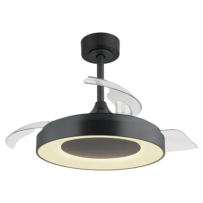 Globo Deckenventilator Elina - 40 W, Durchmesser: 910 mm - Eine Nahaufnahme eines modernen Deckenventilators in Schwarz mit integrierter LED-Beleuchtung und transparenten Rotorblättern.