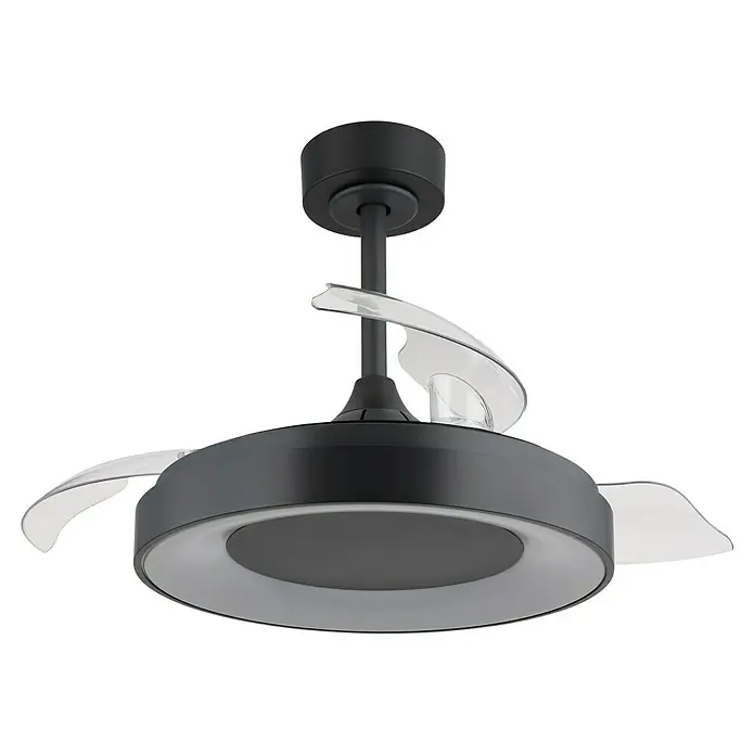 Globo Deckenventilator Elina - 40 W, Durchmesser: 910 mm - Moderne schwarze Deckenleuchte mit LED-Licht und transparenten, spiralförmigen Rotorblättern. Elegantes Design für Wohnräume.