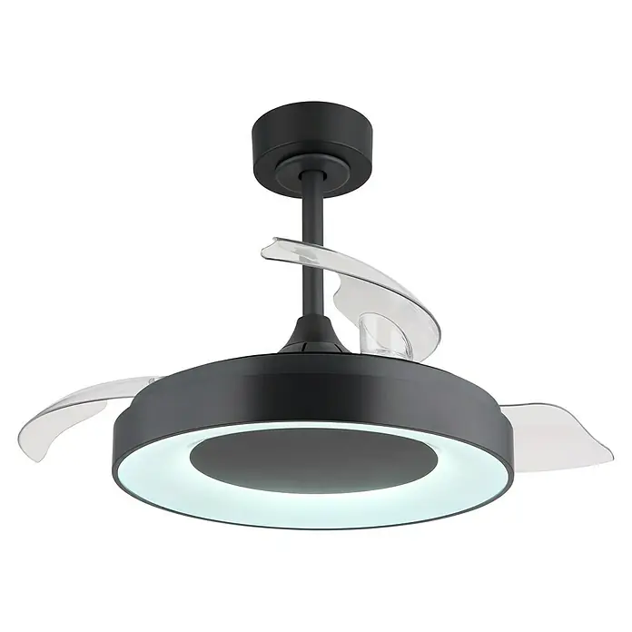Globo Deckenventilator Elina - 40 W, Durchmesser: 910 mm - Schwarzer Deckenventilator mit LED-Beleuchtung und transparenten Rotorblättern für moderne Innenräume.