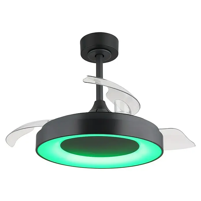 Globo Deckenventilator Elina - 40 W, Durchmesser: 910 mm - Moderne Deckenleuchte mit ausfahrbaren Flügeln und grüner LED-Beleuchtung, die ein stilvolles Ambiente schafft.