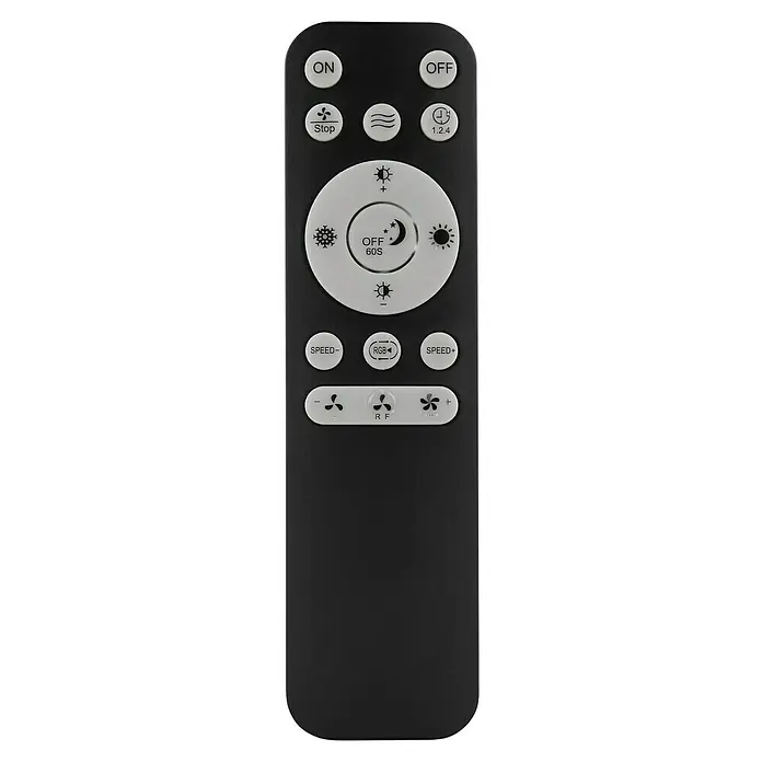 Globo Deckenventilator Elina - 40 W, Durchmesser: 910 mm - Schwarze Fernbedienung für Deckenventilator mit verschiedenen Funktionsknöpfen zur Steuerung von Licht und Ventilatorgeschwindigkeit.