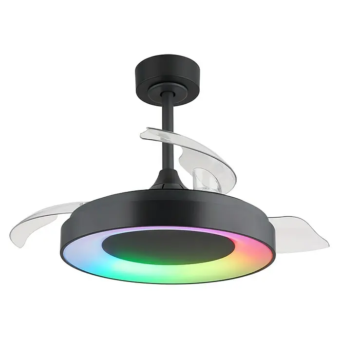 Globo Deckenventilator Elina - 40 W, Durchmesser: 910 mm - Deckenventilator in Schwarz mit transparenten Flügeln und farbigem LED-Ring für eine moderne Beleuchtung.