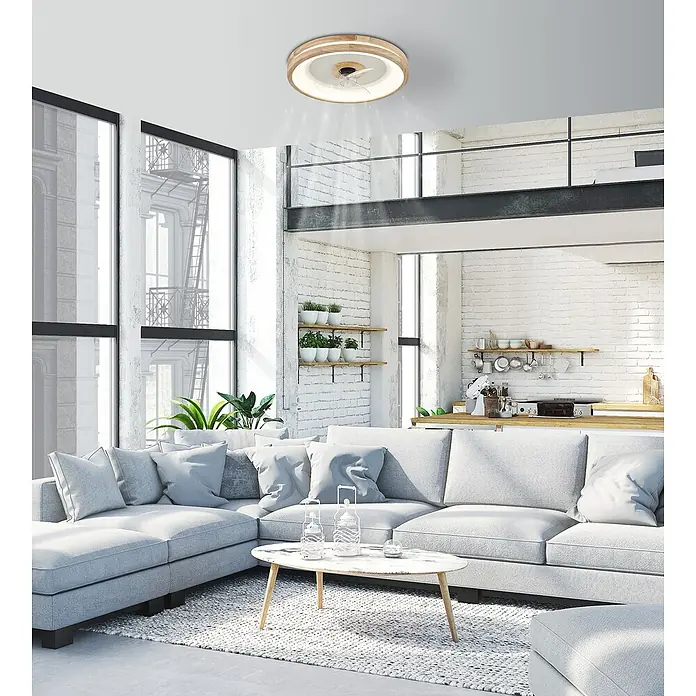Globo Deckenventilator Gatian - 30 W, Durchmesser: 500 mm, Kautschuk - Moderne Wohnzimmeransicht mit einer stilvollen Deckenleuchte mit integriertem Ventilator, die für eine angenehme Atmosphäre sorgt.