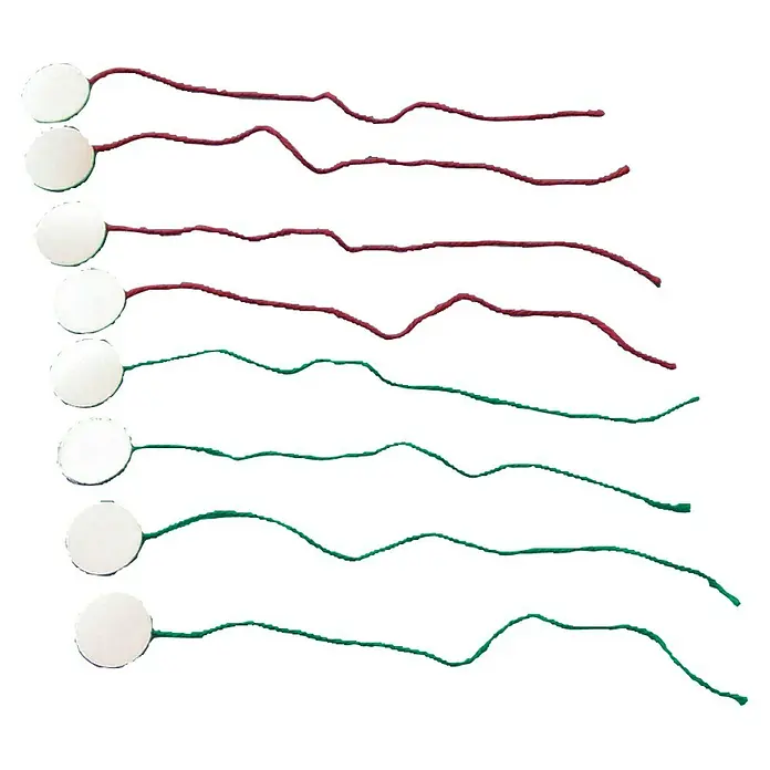 Navyline Windbändsel - Länge: 60 mm - Nahaufnahme von sieben einzelnen Geschenkanhängern mit roten und grünen Schnüren und runden weißen Etiketten, ideal für Feiertage.