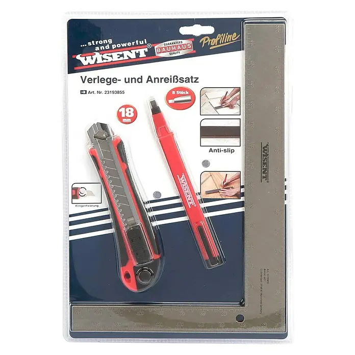 Wisent Verlege- & Anreißsatz - 3 -tlg. - Bild eines Wisent-Verlege- und Anreißsatzes mit Messer, Stiften und Winkel für präzises Arbeiten.