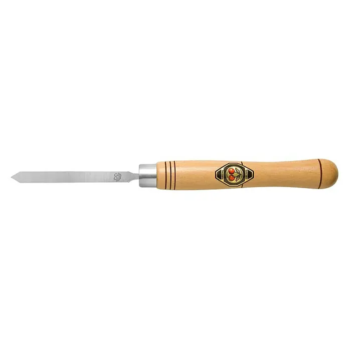 Kirschen Drechslerbeitel - Form Schneide: Spitz, Klingenbreite: 4 mm - Nahaufnahme eines Kirschen Stechbeitels mit Holzgriff und scharfer Klinge vor schwarzem Hintergrund. Ideal für präzise Holzarbeiten.