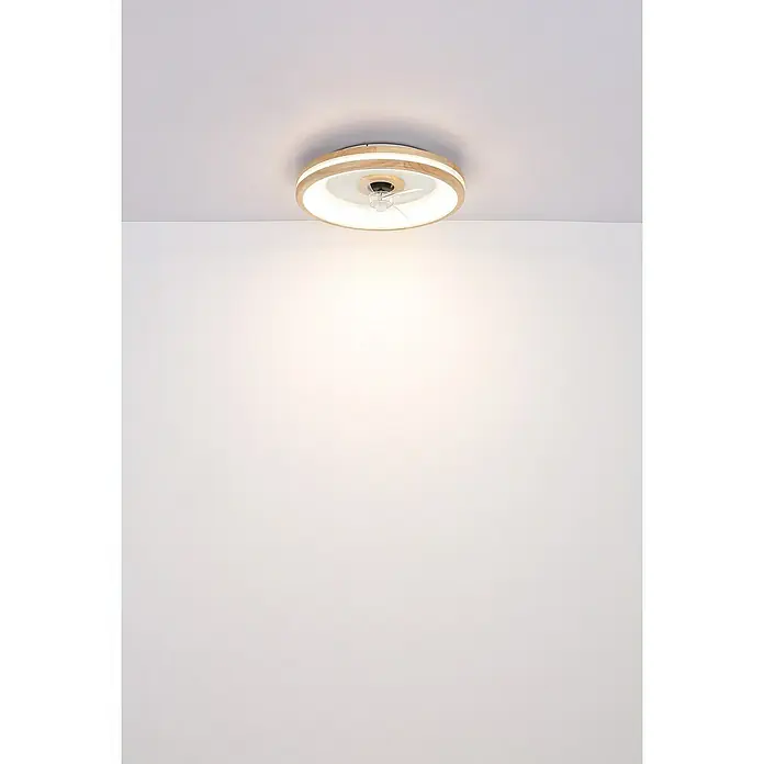 Globo Deckenventilator Gatian - 30 W, Durchmesser: 500 mm, Kautschuk - Eine moderne Deckenleuchte mit einem runden Holzrahmen und einem sanften, diffusen Licht, ideal für stilvolle Innenräume.