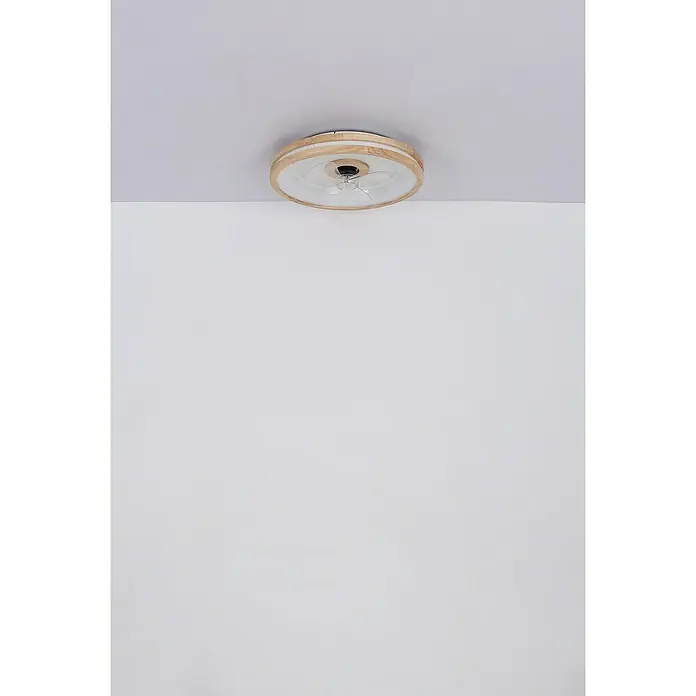Globo Deckenventilator Gatian - 30 W, Durchmesser: 500 mm, Kautschuk - Eine stilvolle Deckenleuchte mit einem hellen Holzrahmen und einem weißen Diffusor, die für eine moderne und natürliche Beleuchtung sorgt.