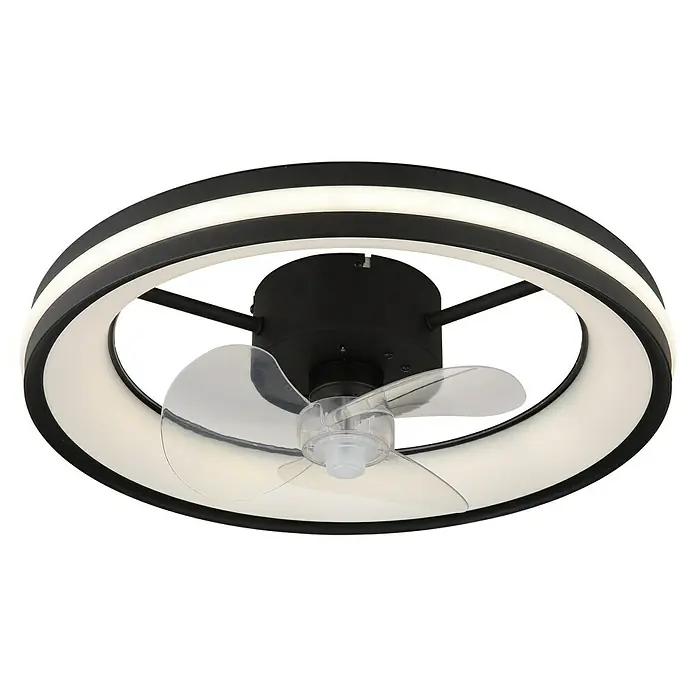 Globo Deckenventilator Gatian - 30 W, Durchmesser: 500 mm, Schwarz - Moderne Deckenleuchte mit Ventilator. Die Lampe hat einen schwarzen Rahmen und ist mit LED Leuchtstreifen versehen.