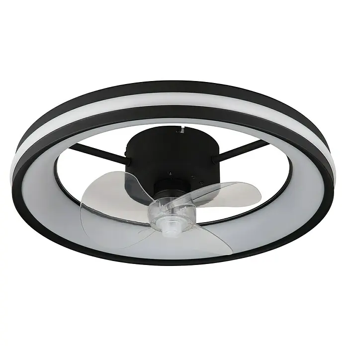 Globo Deckenventilator Gatian - 30 W, Durchmesser: 500 mm, Schwarz - Moderne Deckenleuchte mit Ventilator. Die Lampe hat einen runden Rahmen mit eingebautem LED-Licht und Ventilatorflügeln in der Mitte.