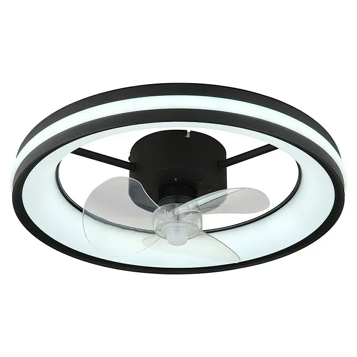 Globo Deckenventilator Gatian - 30 W, Durchmesser: 500 mm, Schwarz - Deckenventilator mit LED-Beleuchtung. Der runde Ventilator hat einen schwarzen Rahmen und klare Rotorblätter für moderne Beleuchtung.