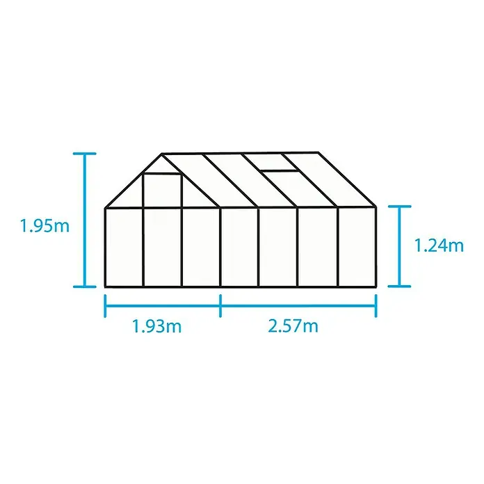 Halls Gewächshaus Popular 86 - Außenmaß inkl. Dachüberstand (B x T): 193 x 257 cm, Material Seitenwand: Glas, 3 mm, Grün - Abbildung eines Gewächshauses mit den Maßen 1,95 m Höhe, 1,93 m + 2,57 m Breite und 1,24 m Seitenhöhe.