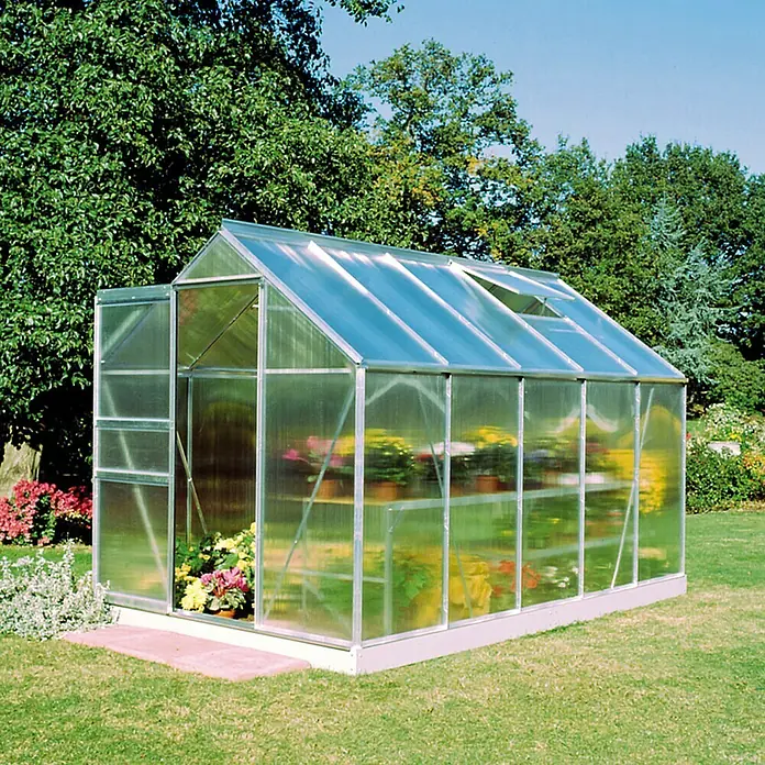 Halls Gewächshaus Popular 106 - Außenmaß inkl. Dachüberstand (B x T): 193 x 319 cm, Material Seitenwand: Kunststoff, 4 mm, Silbergrau - Geräumiges Gewächshaus mit Pflanzen auf Regalen im Inneren, umgeben von einem gepflegten Rasen und üppigem Grün im Hintergrund.