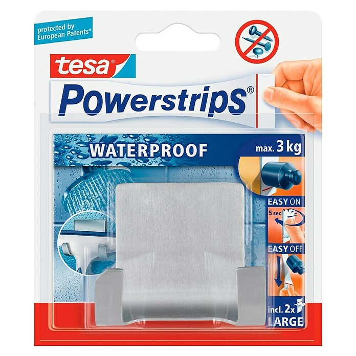 Tesa Powerstrips Waterproof Dubbele haak (1 stk., Roestvrij staal)