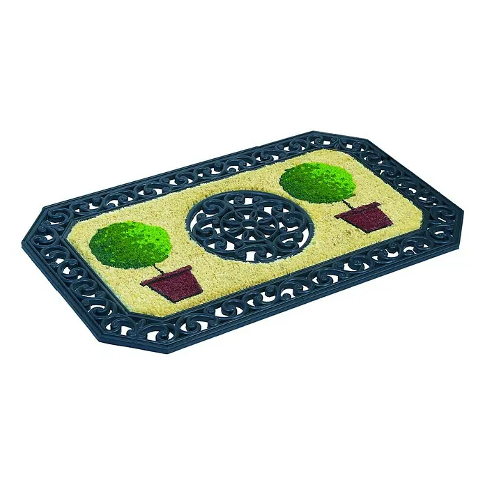 Astra Coco Fußmatte Twin - 45 x 75 cm, Bunt, Material Nutzschicht: 100 % Kokos, Bäume rund, Kokos - Ein dekorativer Fußabtreter mit Topfpflanzenmotiv und kunstvollem Randdesign, ideal für den Eingangsbereich.