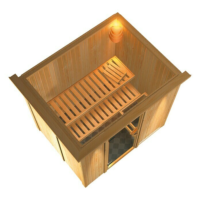 Karibu Systemsauna (Ohne Ofen, Mit Dachkranz und Beleuchtung, 151 x 196 x 198 cm)