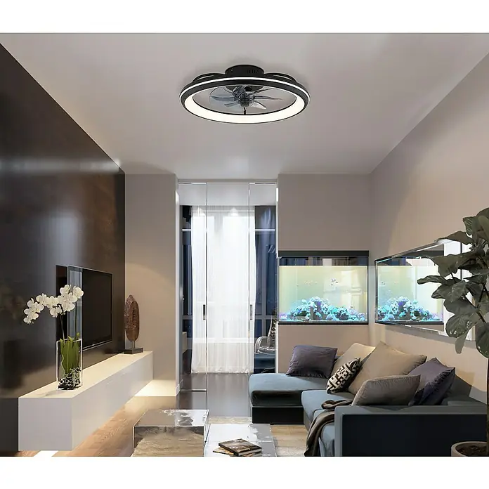 Globo Deckenventilator Celeste - 36 W, Durchmesser: 500 mm - Moderne Wohnzimmeransicht mit elegantem Deckenventilator mit LED-Beleuchtung, der für Komfort und Stil sorgt.