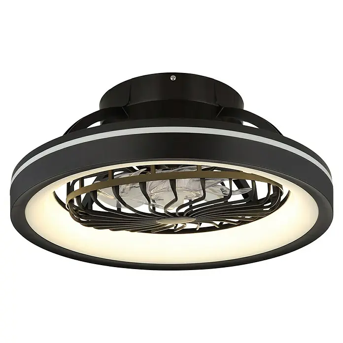 Globo Deckenventilator Deanne - 40 W, Durchmesser: 480 mm - Nahaufnahme einer modernen, schwarzen Deckenleuchte mit integriertem Ventilator und umlaufender LED-Beleuchtung.