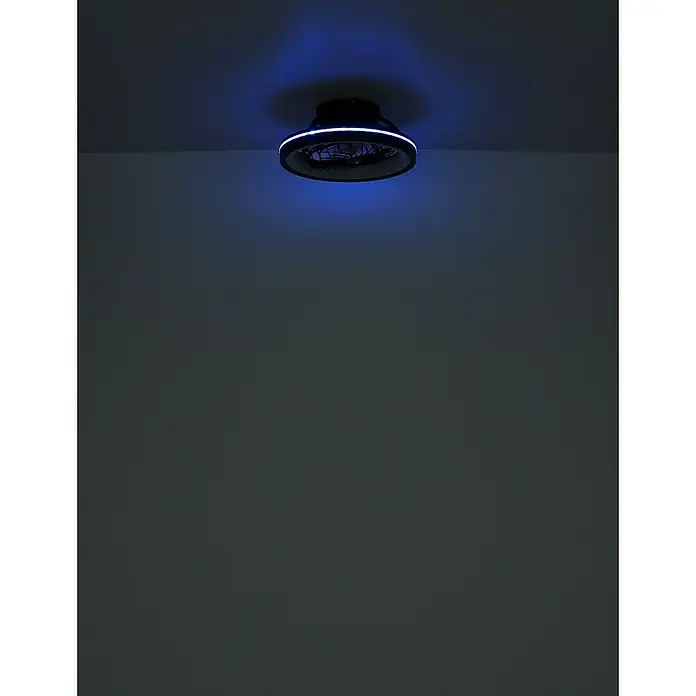 Globo Ventilador de techo Deanne - 40 W, Diámetro: 480 mm, Negro mate - Primer plano de una lámpara de techo con iluminación azul, que muestra un diseño moderno y elegante.
