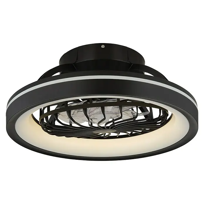 Globo Deckenventilator Deanne - 40 W, Durchmesser: 480 mm - Nahaufnahme einer modernen, runden Deckenleuchte mit integriertem Ventilator, umgeben von einem eleganten schwarzen Rahmen mit LED-Beleuchtung.