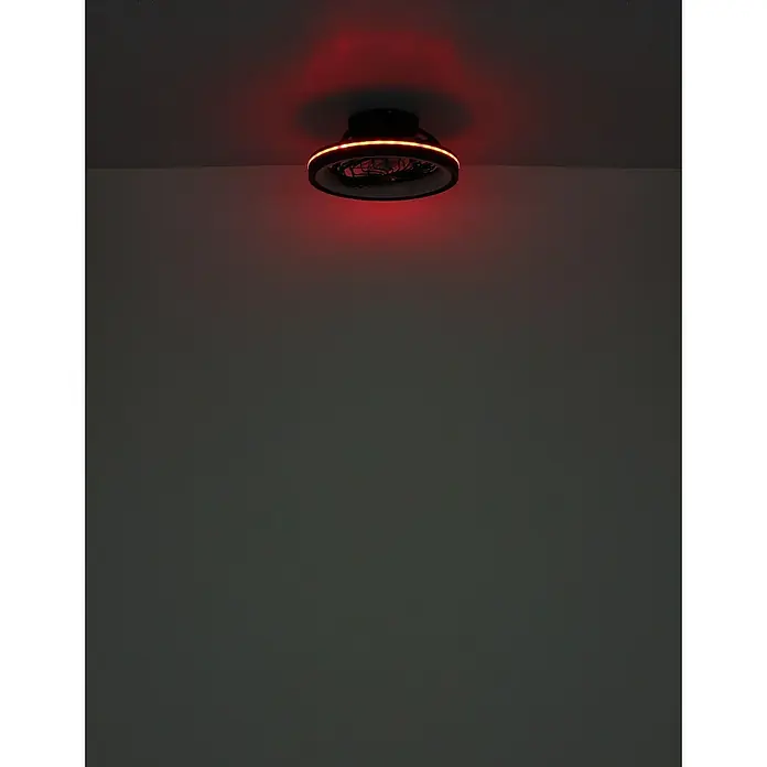 Globo Ventilador de techo Deanne - 40 W, Diámetro: 480 mm, Negro mate - Un primer plano de una lámpara de techo redonda con iluminación roja, que ofrece un acento moderno y llamativo en la habitación.