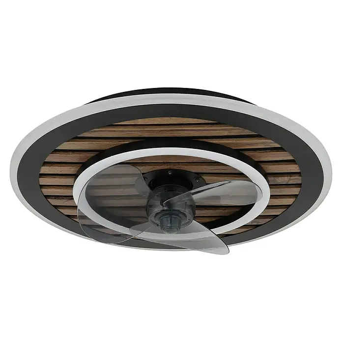 Globo Deckenventilator Trevino - 36 W, Durchmesser: 490 mm - Moderne Deckenleuchte mit Holzdetails, umgeben von schwarzen und weißen Ringen, inklusive eines integrierten Ventilators mit transparenten Flügeln.
