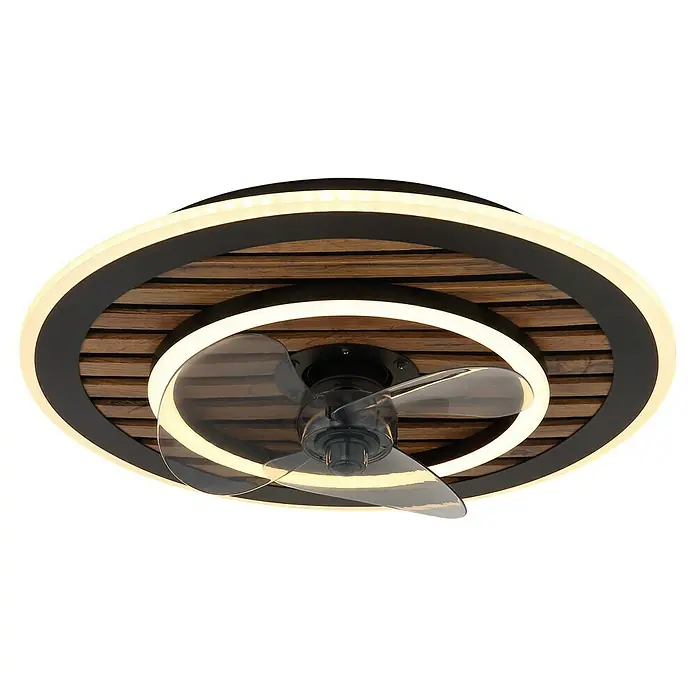 Globo Deckenventilator Trevino - 36 W, Durchmesser: 490 mm - Ein Deckenventilator mit einem LED-Lichtkranz und transparenten Flügeln, umgeben von einem Holz- und Metallrahmen.