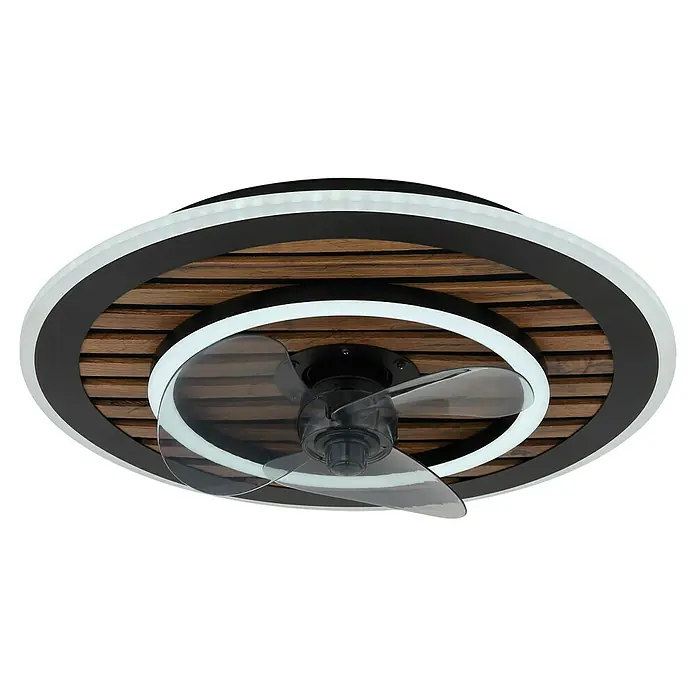 Globo Deckenventilator Trevino - 36 W, Durchmesser: 490 mm - Moderne Deckenleuchte mit transparenten Rotorblättern, umgeben von einem hölzernen Ring und LED-Lichtern, die eine stilvolle Atmosphäre schaffen.