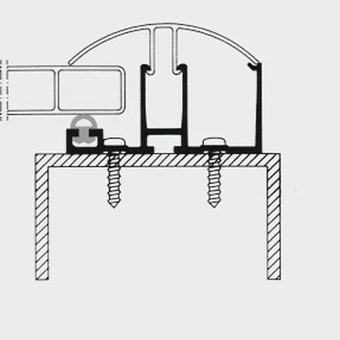 Varioprofilsprosse - Randsystem, Geeignet für: Stegplatten 16 mm, 250 x 6 cm - Detailaufnahme eines Profilsystems, das mit Schrauben an einer Struktur befestigt ist. Gut geeignet für technische Dokumentationen.