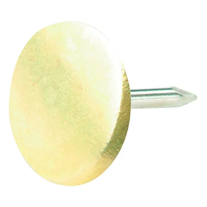 Stabilit PolsternagelLänge: 10 mm, Vermessingt, 30 Stk. - Nahaufnahme eines goldenen Ziernagels mit einem silbernen Stift, ideal für Möbelpolsterung und dekorative Zwecke.