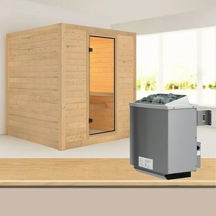 Karibu Elementsauna Mojave - Mit 9 kW Ofen mit integrierter Steuerung, Ohne Dachkranz, Materialspezifizierung Tür: Ganzglas Bronze, L x B x H: 196 x 196 x 192 cm - Sauna mit Holzwänden und einem Ofen mit Steinen für ein entspannendes Saunaerlebnis.