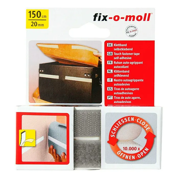 Fix-o-moll Klettband - 150 cm x 20 mm, Hellgrau, Kleben - Bild der fix-o-moll Klettband-Verpackung mit den Maßen 150 cm x 20 mm.