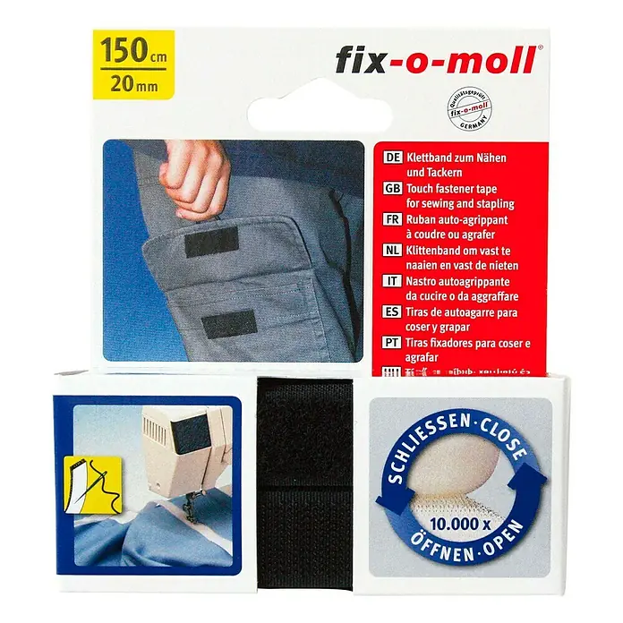 Fix-o-moll Klettband zum Nähen - 150 cm x 20 mm, Schwarz - Bild des "fix-o-moll" Klettbandes, 150cm x 20mm, ideal zum Nähen und Tackern. Vielseitig einsetzbar und einfach zu verarbeiten.