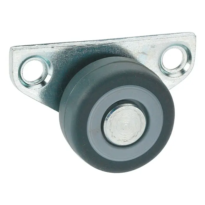 Stabilit Möbel-Seitenrolle - Durchmesser Rollen: 30 mm, Traglast: 40 kg, Gleitlager, Mit Platte - Nahaufnahme eines Schiebetürrollers mit einer silbernen Halterung und einem grauen Rad, ideal für Möbelreparaturen und -projekte.