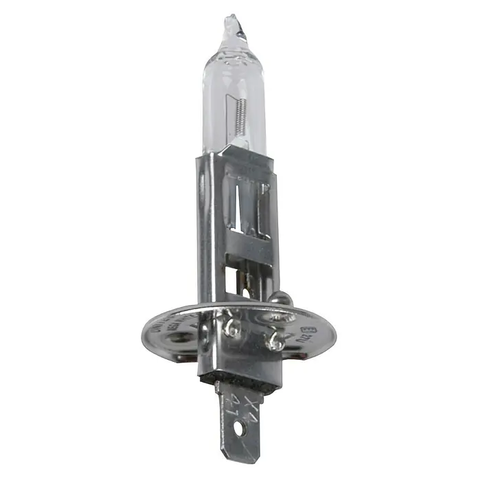 UniTEC Hauptscheinwerfer-Lampen XENON Mega White - H1, 2 Stk. - Nahaufnahme einer H1-Halogenlampe mit klarem Glaskolben und Metallsockel, ideal für Autoscheinwerfer.