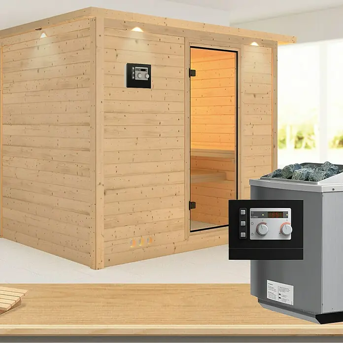 Karibu Massivholzsauna Sonara - Mit 9 kW Bio-Ofen mit externer Steuerung, Mit Dachkranz und Beleuchtung, L x B x H: 259 x 210 x 192 cm - Holzsauna mit Glastür und Steuerung, perfekt für Entspannung. Genießen Sie Ihr persönliches Spa-Erlebnis zu Hause.