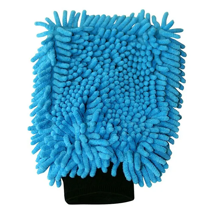 Secu Vision Mikrofaserhandschuh - 2 Stk. - Ein blauer Mikrofaser-Waschhandschuh mit schwarzem Bündchen, ideal für die Autowäsche und andere Reinigungsaufgaben.