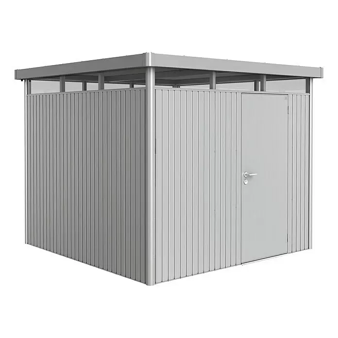 Biohort HighLine Gerätehaus HighLine H4 - Silber Metallic, Einzeltür, Außenbreite inkl. Dachüberstand: 275 cm, Außentiefe inkl. Dachüberstand: 275 cm, Stahl - Linke Seitenansicht