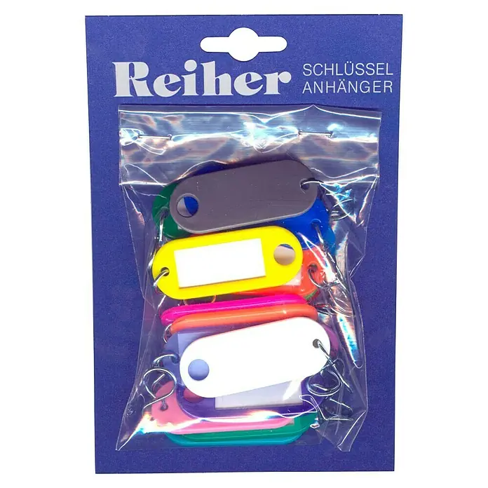 Schlüsselanhänger - 20 Stk., Kunststoff - Farbig sortierte Schlüsselanhänger von Reiher, verpackt in einer durchsichtigen Plastiktüte mit blauem Karton. Ideal zur Kennzeichnung von Schlüsseln.