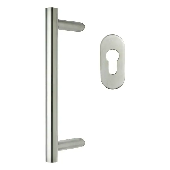 Solid Elements Stoßgriff - Länge: 350 mm, Silber, Rund - Türgriff aus Edelstahl mit Schlüssellochabdeckung für moderne Türen. Stilvolles und funktionales Design für Sicherheit.