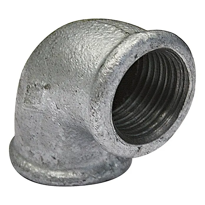 Kirchhoff Winkel II - Innengewinde: ½″, Winkel: 90 °, Verzinkt - Ein verzinkter 90-Grad-Rohrbogen aus Stahlguss mit Innengewinde, ideal für Sanitär- und Heizungsinstallationen.
