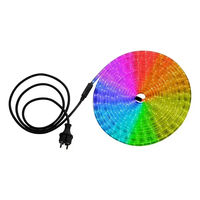 Globo LED-Lichtschlauch - Länge: 9 m, Lichtfarbe: Mehrfarbig, 12,96 W, 238 lm - LED-Lichterkette in Regenbogenfarben, aufgerollt mit schwarzem Kabel und Stecker, ideal für stimmungsvolle Beleuchtung im Innenbereich.